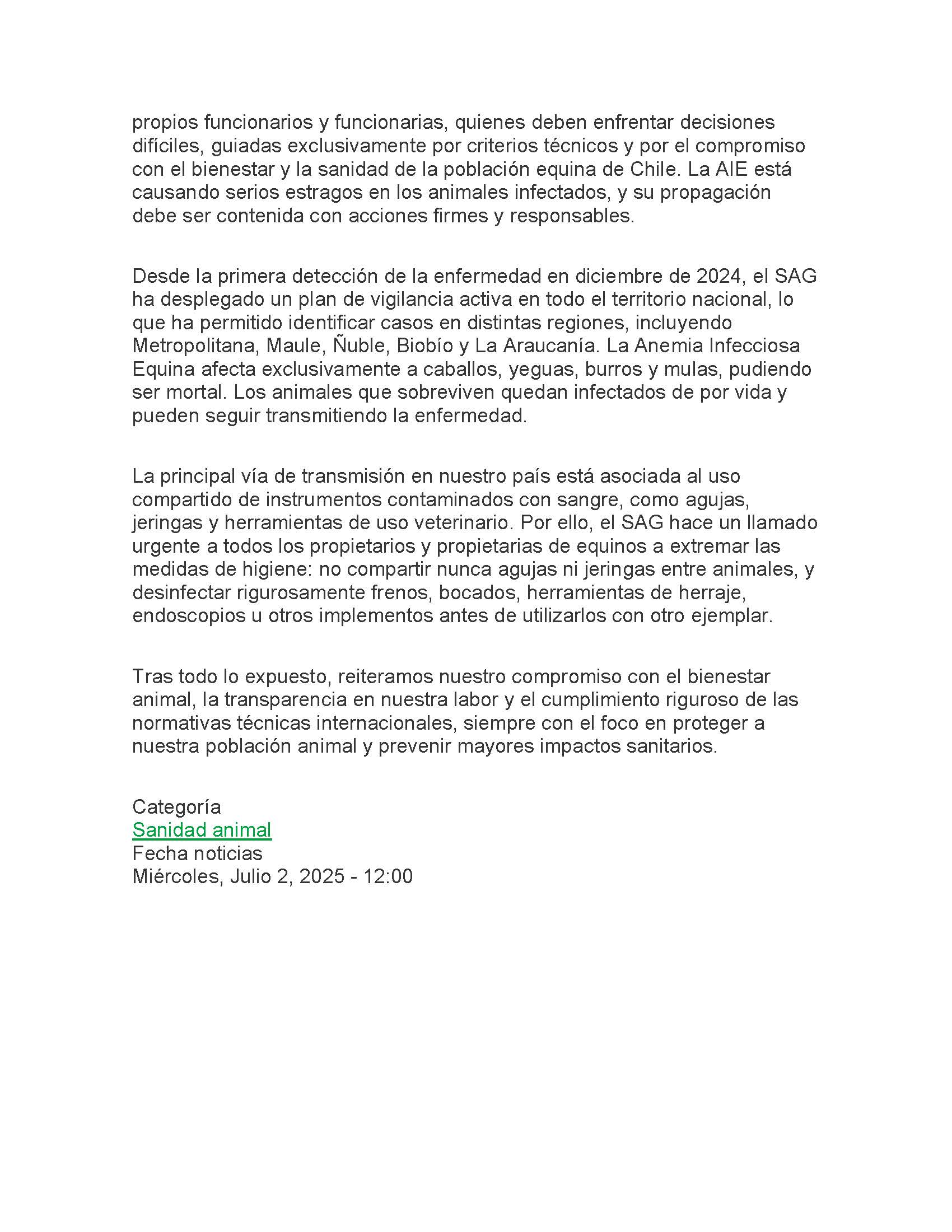 SAG aclara procedimiento sanitario por caso de Anemia Infecciosa Equina en La AraucaníONTINUACION